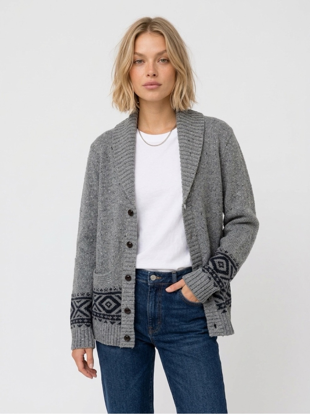 Merona Grey Shawl-Collar Cardigan with Geometric Cuff Detail